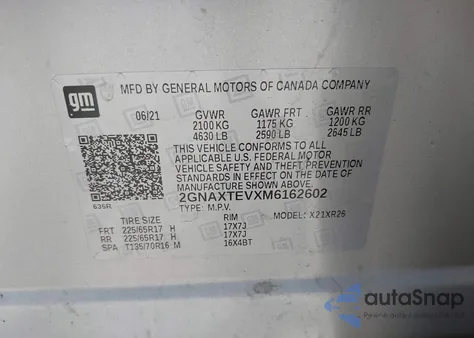 2021 Chevrolet Equinox Awd 2Fl из США, поврежденный, VIN 2GNAXTEVXM6162602